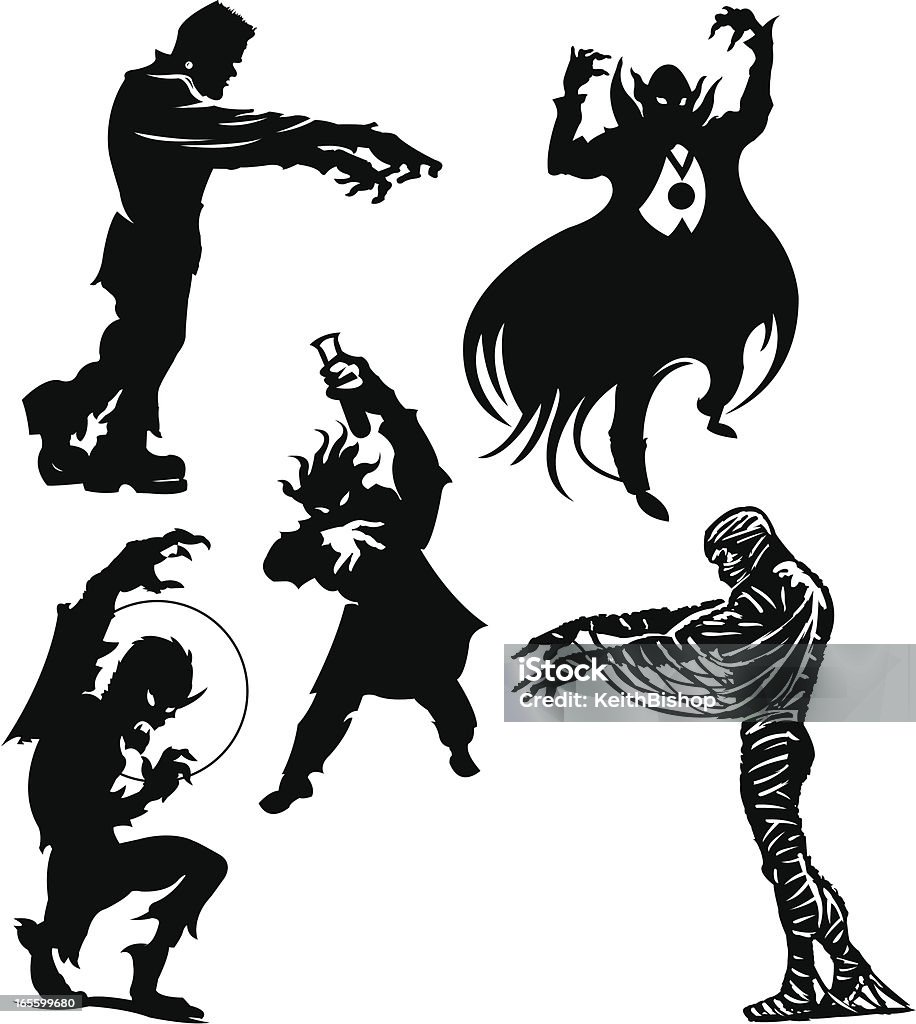 Halloween monstruos Frankenstein, Dracula, hombre lobo, mamá, científico loco - arte vectorial de Frankenstein libre de derechos