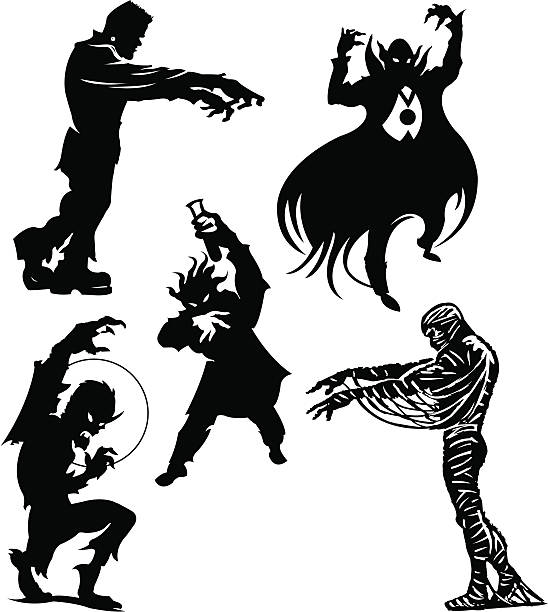 halloween monsters frankenstein, dracula, wilkołak, mummy, szalony wynalazca - frankenstein stock illustrations