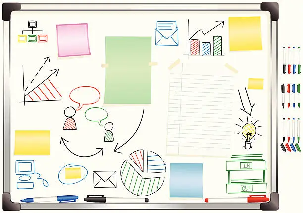 Vector illustration of Whiteboard with movable notes and diagrams