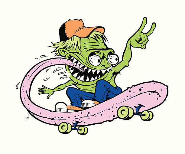 Sick'O Skater This is Fink inspired green skater kid, riding his nasty tongue with wheels attached hes pretty Gnarly! skateboard stock illustrations