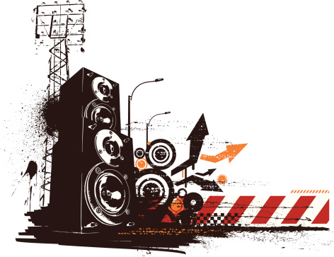 Vector illustration, with grunge style elements, representing urban music.  Illustration includes large speakers, arrows, circles, and other design elements.