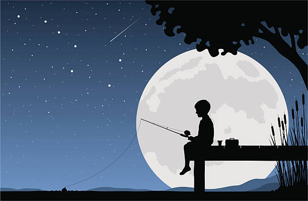 ilustraciones, imágenes clip art, dibujos animados e iconos de stock de niño pesca por la luz de la luna - cebo ilustraciones