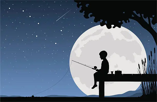 Vector illustration of Child fishing by moonlight