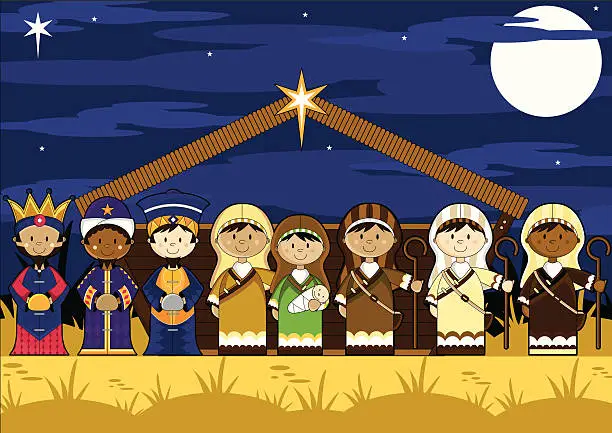 Vector illustration of Nativity Characters in Barn