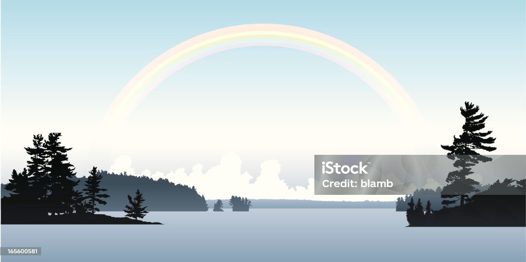 Rainbow Lake Soft rainbow above a northern Ontario lake. Coastline stock vector