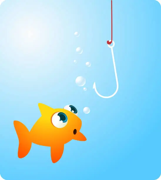Vector illustration of Goldfish fish looking at terrifying hook
