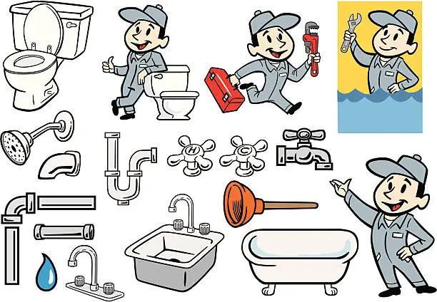 Vector illustration of Various Set of Plumber, Plumbing and Pipes Illustrations