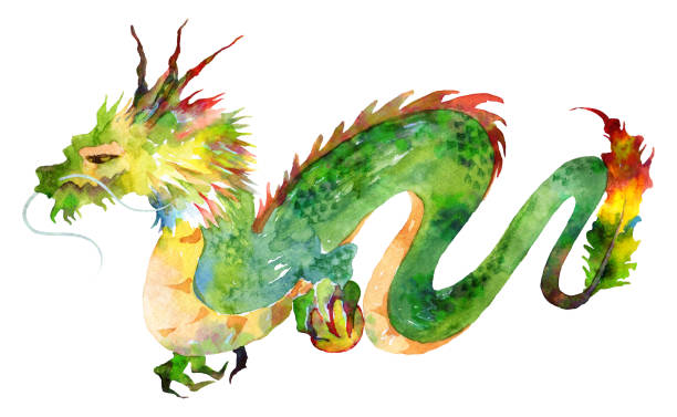 ilustrações, clipart, desenhos animados e ícones de aquarela dragão oriental do zodíaco - painted image traditional culture art dragon