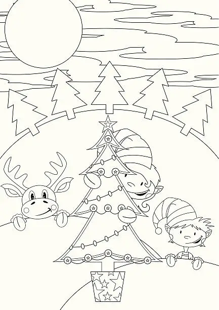 Vector illustration of Colour In Reindeer & Elves