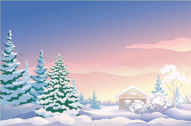 Christmas sunrise "Vector illustration of a Christmas sunrise. All the trees and the house are separate objects, grouped for easy edit." landscape scenery clipart stock illustrations
