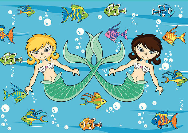 Cute Mermaid Characters with Fish vector art illustration