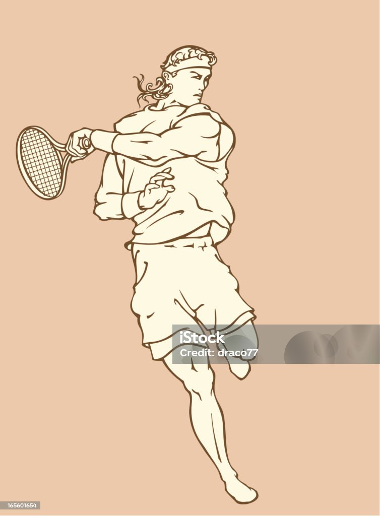 Giocatore di Tennis su prato fiore la sua Racchetta - arte vettoriale royalty-free di Adulto