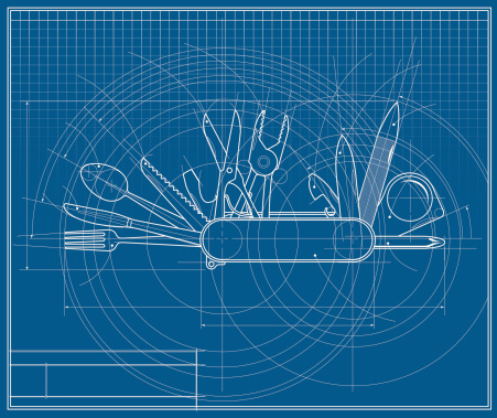 A vector illustration of a classic pocket utility knife drawn to look like a blueprint.  Perfect for backgrounds.