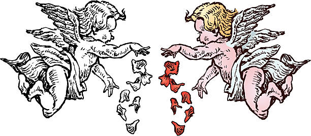 Valentines Cherubs Dropping Flowers This vector illustration of Valentines cherubs was created with pen and ink for that human touch. Compound paths. Layered and grouped for easy color edits. Scale to any size.  Check out my "Victorian Valentine" light box for more. cherub stock illustrations