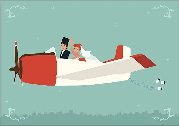 Vector illustration of Newlyweds flying a cute antique airplane