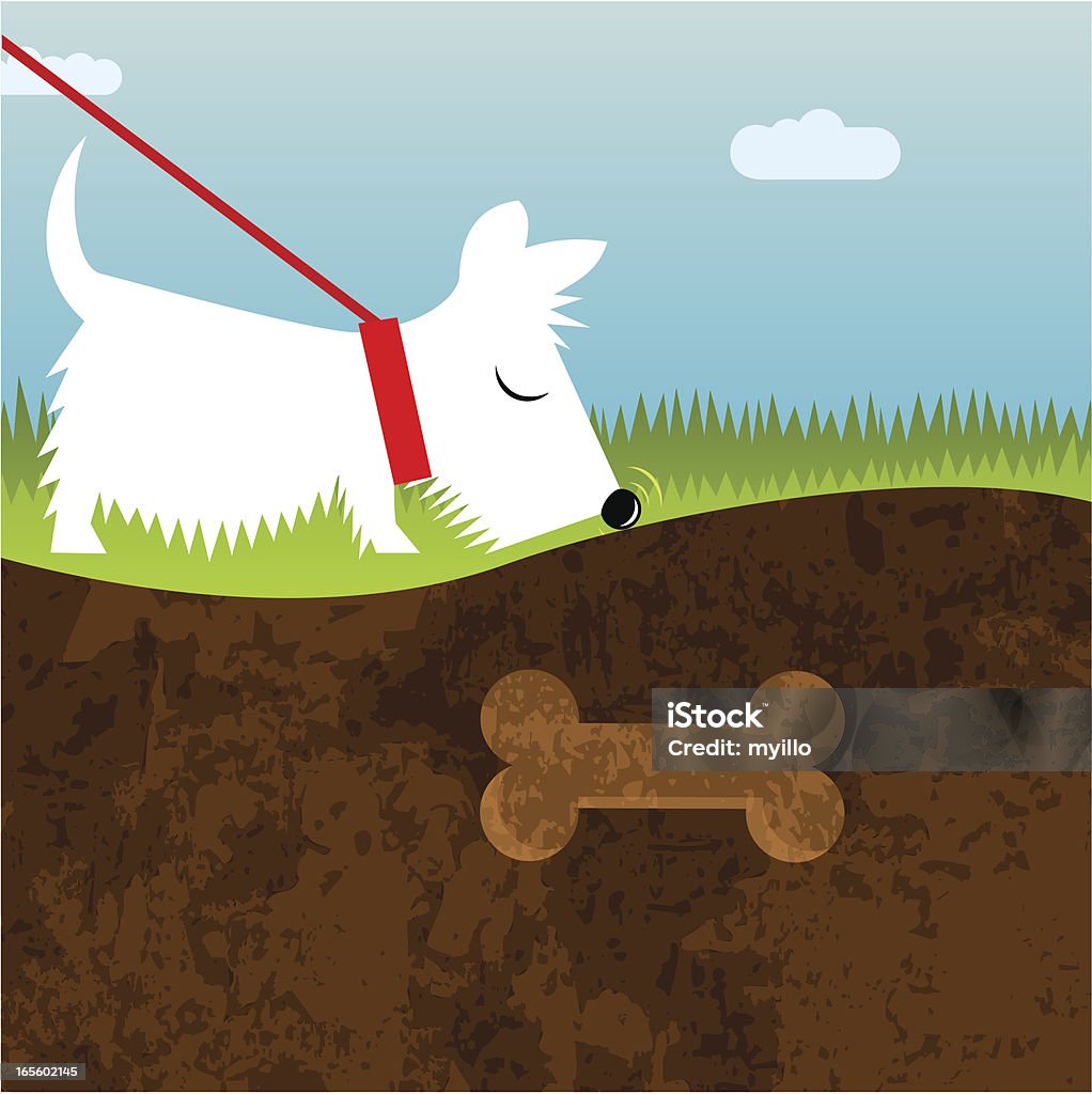 Dog smelling White Scottish Terrier smelling a bone in the ground. Please see some similar pictures in my lightboxs: West Highland White Terrier stock vector