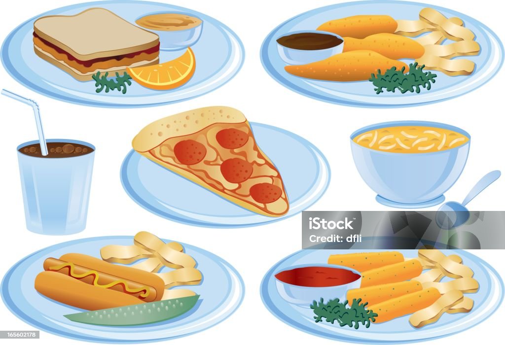 Kid's Meals Kids menu items including chicken tenders, mozzarella sticks, french fries, peanut butter and jelly, pepperoni pizza, hot dog, chicken noodle soup, and soda Chicken Noodle Soup stock vector