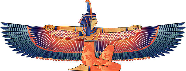 египетский двуспальной кроватью (queen size) с крыльями изолированные на белом - культура египта иллюстрации stock illustrations