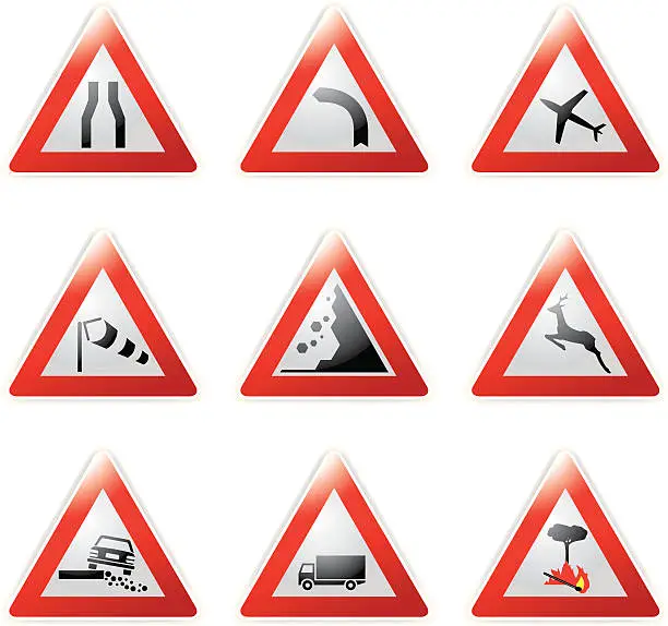 Vector illustration of Set of red bordered triangle road sign icons