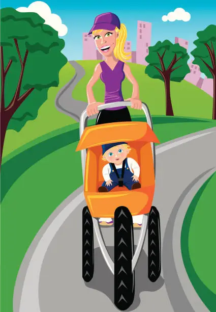 Vector illustration of Mother pushing stroller in the park