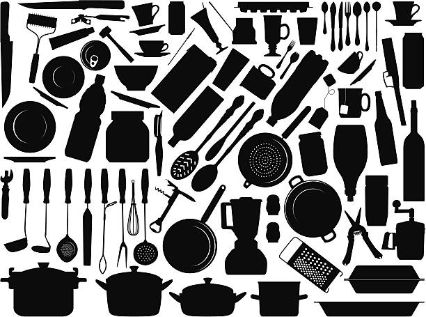 illustrazioni stock, clip art, cartoni animati e icone di tendenza di utensili da cucina - spoon computer graphic silhouette fork