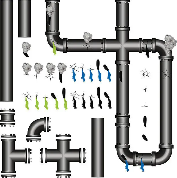 Vector illustration of Icons of plumbing pipes, connections, and leaks