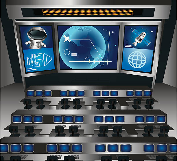 illustrazioni stock, clip art, cartoni animati e icone di tendenza di sala di controllo - control room mission control spaceship military
