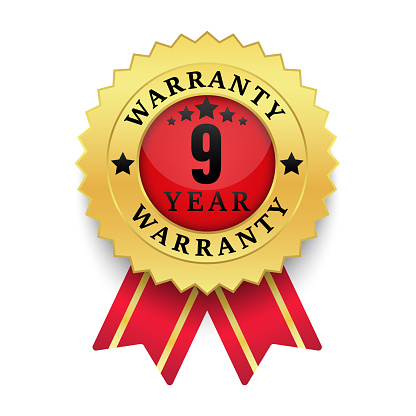 Realistic Warranty 9-year label gold black style, Red ribbon Badge and Sign, Isolated on white background, Vector illustration.