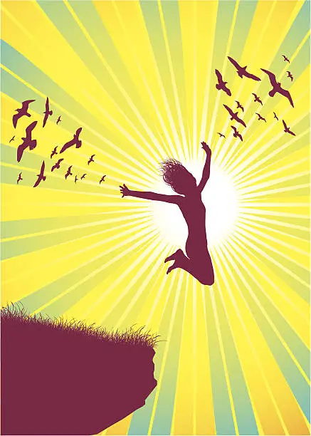 Vector illustration of Girl Flying With Birds and Sun Beams