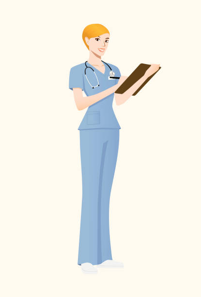 Profession: Nurse/Doctor Friendly nurse or doctor charting on a clipboard. cartoon of medical records stock illustrations