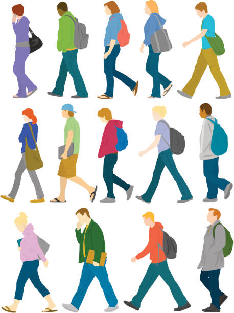 Colorfully dressed group of college students walking vector art illustration