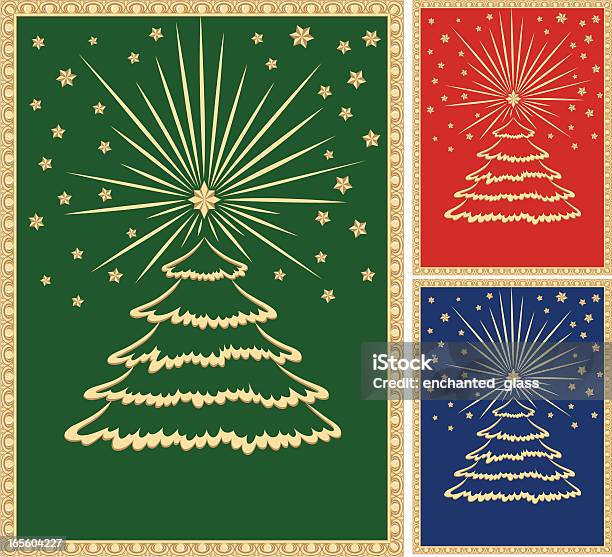 Ghristmas Tree With Gold Border Stock Illustration - Download Image Now - Blue, Celebration Event, Christmas