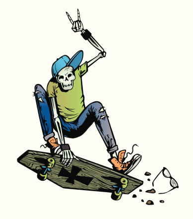 this skeleton is taking it from 6ft under to ramping street posts. with a coffin lid for a skate deck.