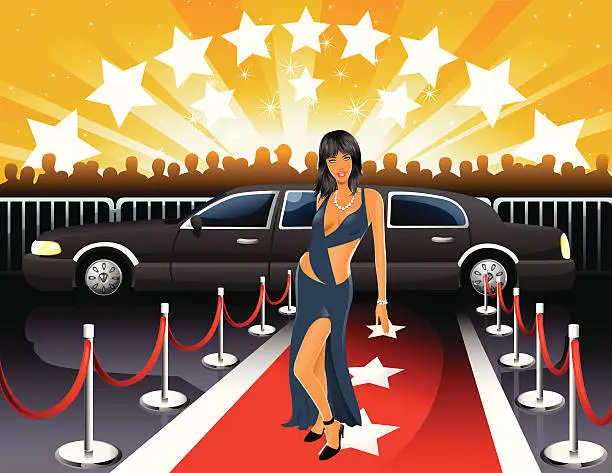 Vector illustration of Cartoon of Young Woman Walking Red Carpet from Limousine
