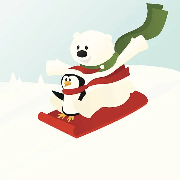 Vector illustration of Polar Bear and Penguin on Sled
