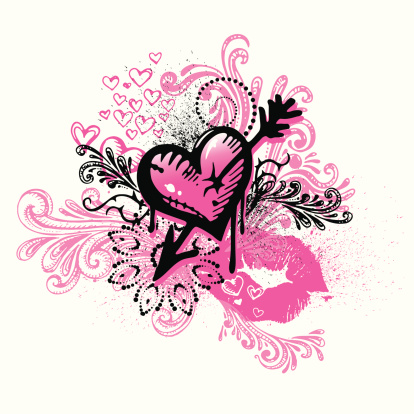 Graffiti style design with hand-drawn elements featuring hearts and lips. Global colors used and hi res jpeg included. All objects are separate. Scroll down to see more of my illustrations.