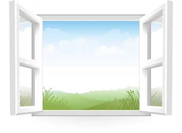 Vector illustration of Open White Window with Scenery