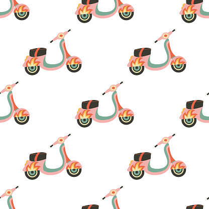 Seamless pattern motor scooter vintage motorcycle riding old fashioned. Nostalgic 70s-90s vibes