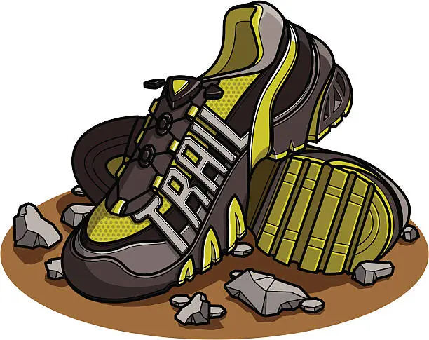 Vector illustration of Trail running shoes with rocks and dirt