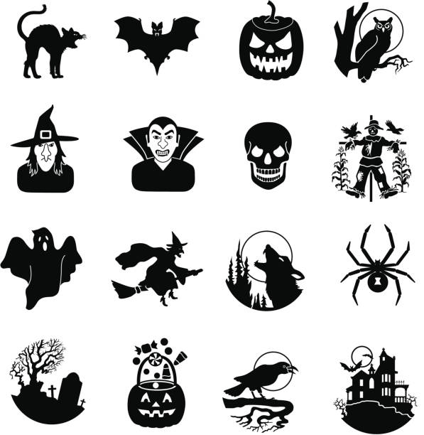 ブラックとホワイトのハロウィーンのアイコン - bat vampire silhouette halloween点のイラスト素材／クリップアート素材／マンガ素材／アイコン素材