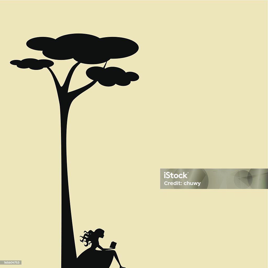 My place Girl silhouette sitting by a tall tree and reading a book. Copy space to write whatever you want.  Reading stock vector