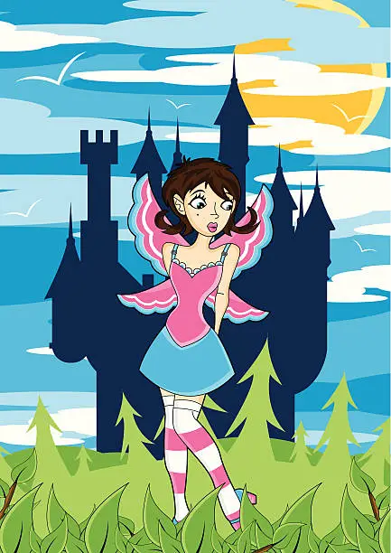 Vector illustration of Cute Fairy Character & Castle