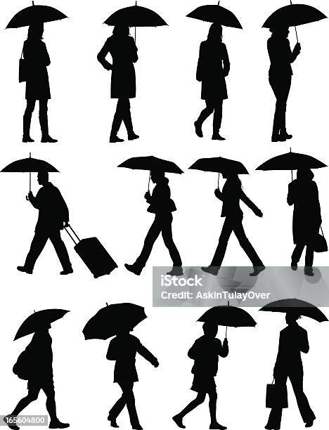 Rainy Stock Illustration - Download Image Now - Umbrella, In Silhouette, People