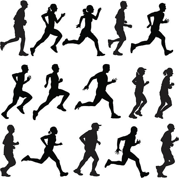 ilustrações de stock, clip art, desenhos animados e ícones de mixed corredores em silhueta de perfis - running women jogging profile
