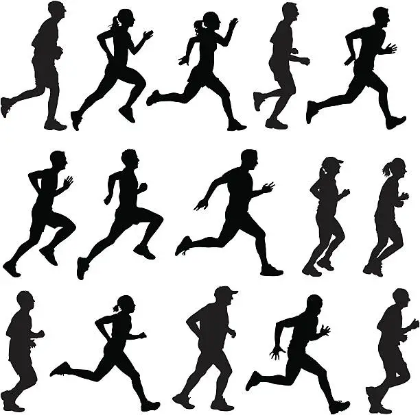 Vector illustration of Mixed runners in silhouette profiles