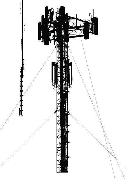 Cell Phone Tower Silhouette A silhouette of a big ugly rooftop mobile phone tower.  The support lines leading to the ground are on a separate layer and easily removed.  The antenna on the left can be attached to the top. cell tower stock illustrations