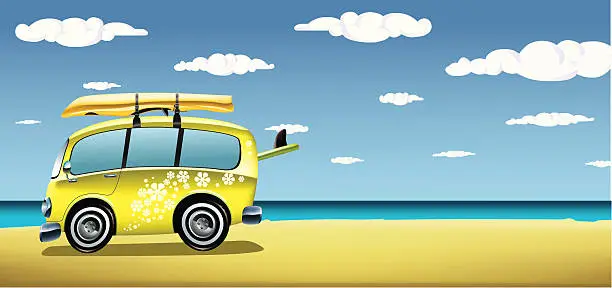 Vector illustration of Classic van on the beach