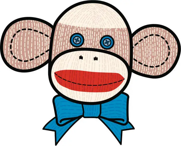 Vector illustration of Sock monkey face wearing a blue bow tie