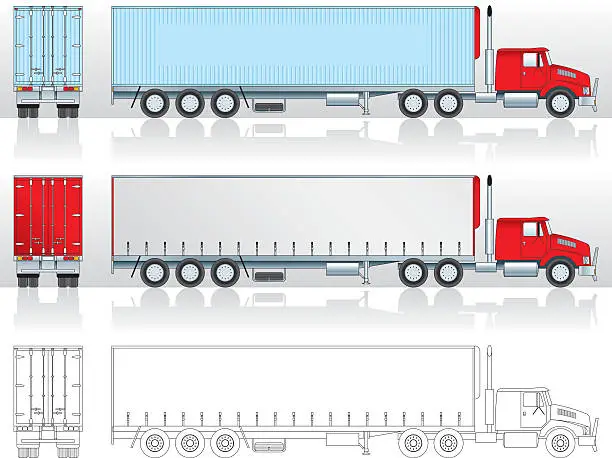 Vector illustration of 2D drawing of commercial truck with from back and side view