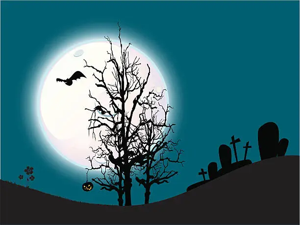 Vector illustration of One night at the cemetery